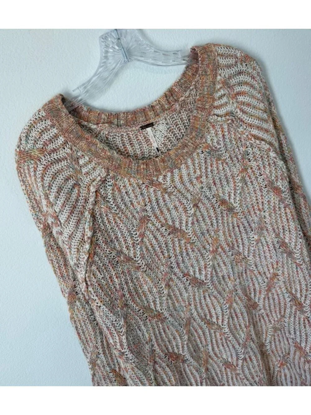 Free People Cotton Blend Long Sleeve Crew Neck Melange Cable Knit Sweater Size S